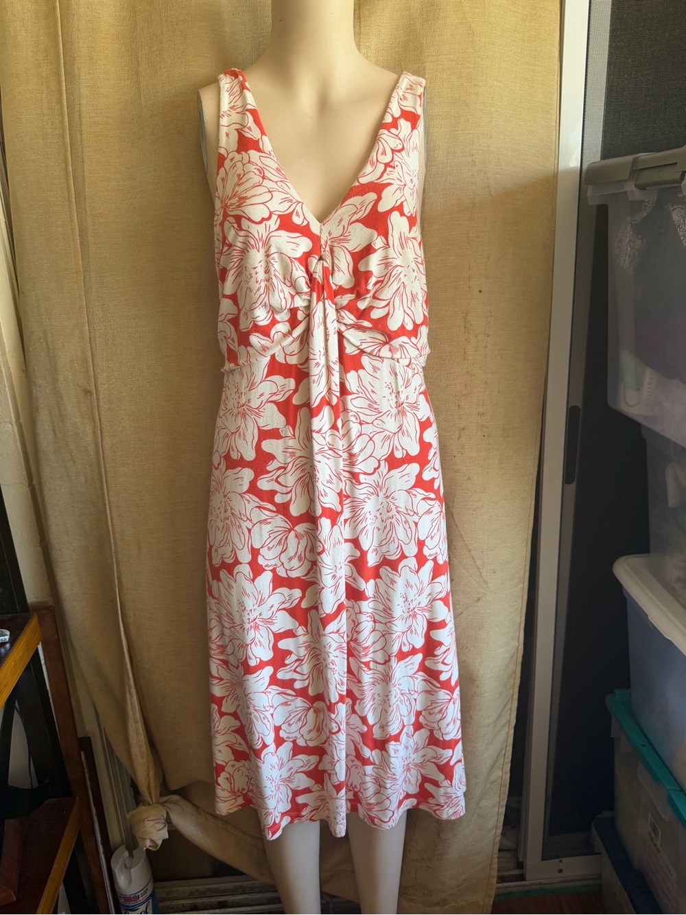 Sleeveless Coral & White Floral V-Neck Dress